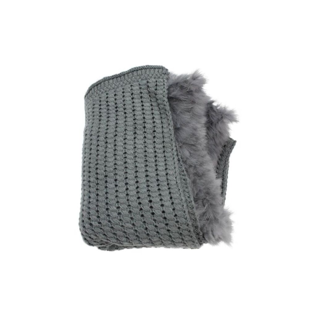 La Fiorentina Women's Fur Trim Knit Scarf Charcoal Gray Size 34"x11"